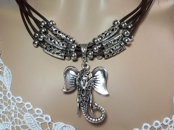 Ziegenleder Halskette mit Elefanten Anhänger
