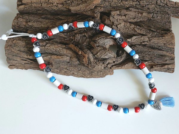 EM Keramik Halsband mit Holzperlen in Rot Blau Weiß