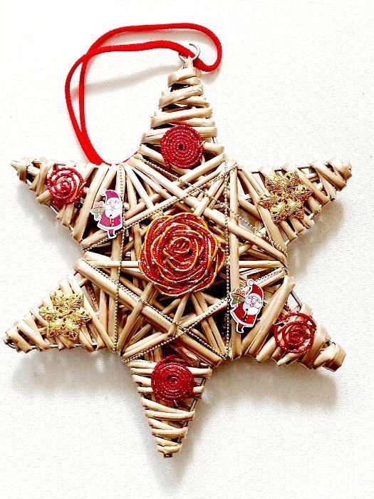 Goldener Weihnachtsstern mit roter Dekoration 25 cm Durchmesser
