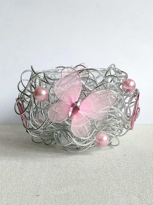 Teelichthalter aus eloxierten Aluschmuckdraht in Silber/Rosa 11 cm