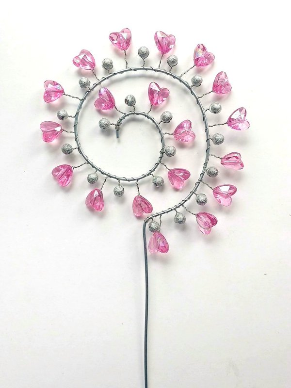 Deko Blumenstecker Gartenstecker Spirale mit rosa transparenten Herzen