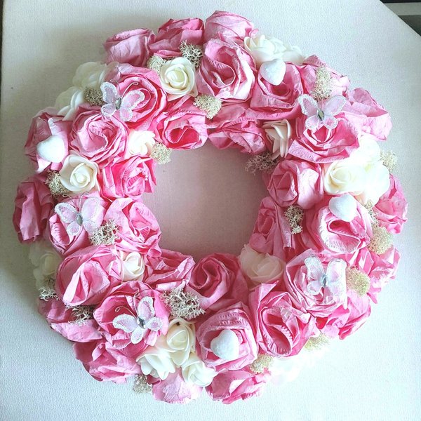 Wandkranz Türkranz mit weißen und rosa Rosen 30 cm Durchmesser