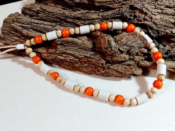 EM-Keramik Halsband mit Orange und Natur Holzperlen
